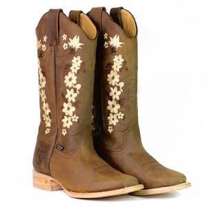 Reyme Floral Embroidered Leather Western Boots Brown Size 7 (24 MX)